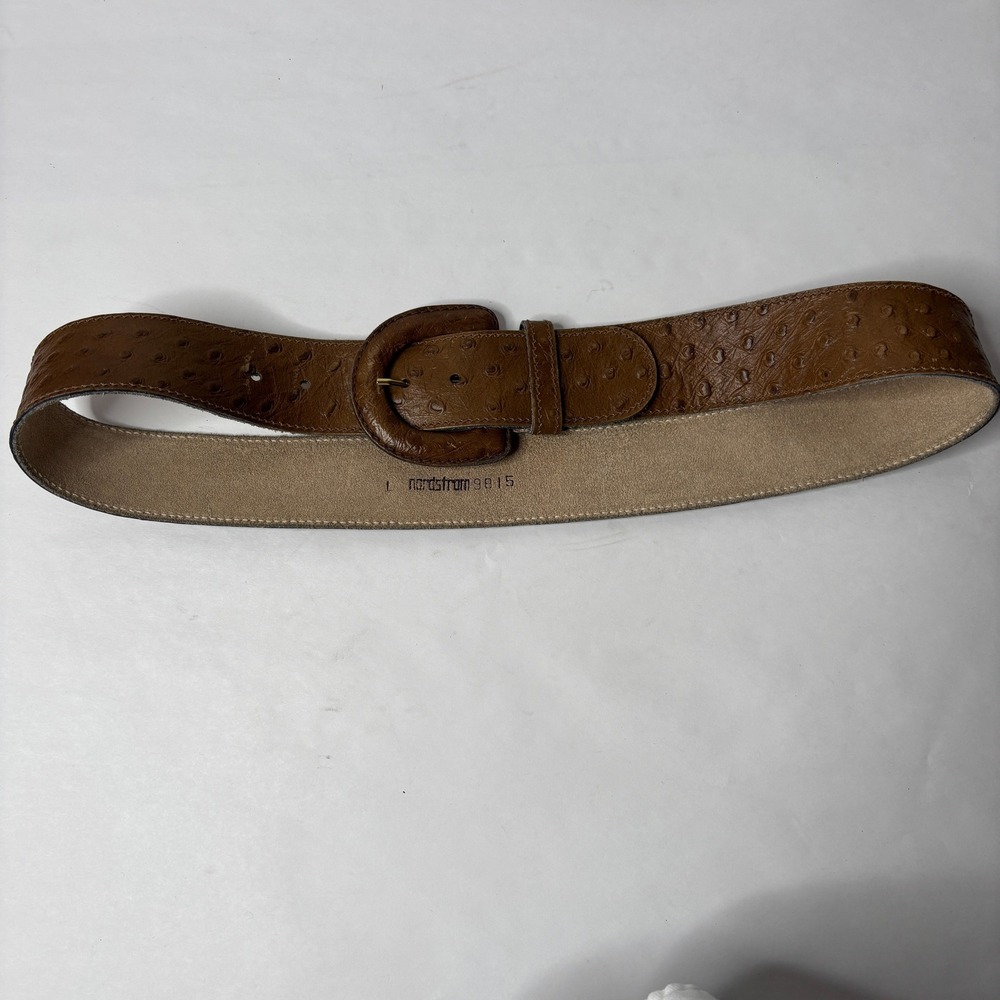 VTG Nordstrom Ostrich Leather Belt Women Size L Brown Wide Buckle Statement